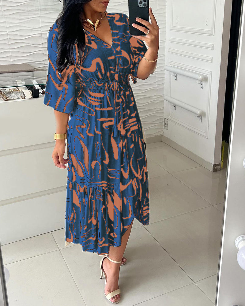 Sanae - Elegant Print V-Neck Dress