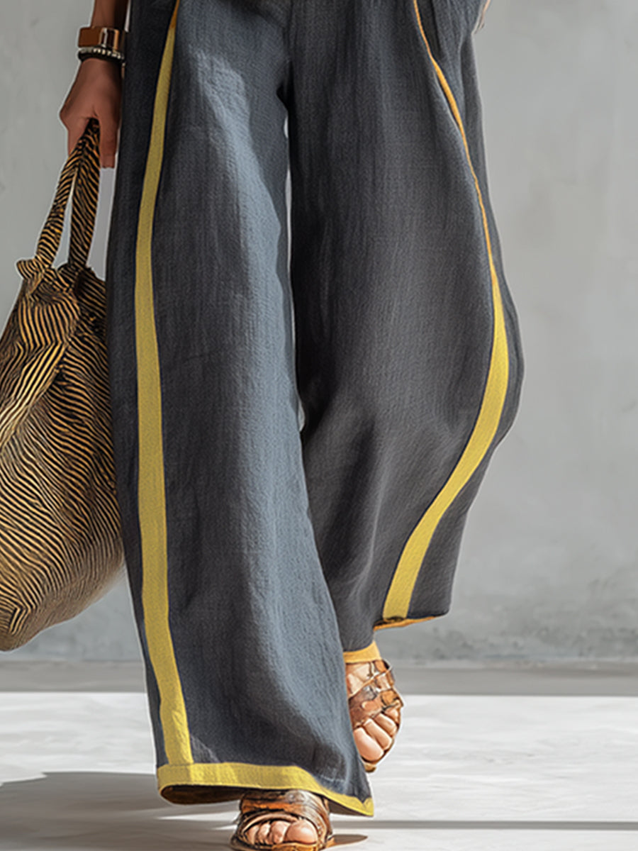 Tavindra - Elegant Cotton Linen Women's Set – Sleeveless Top & Wide-Leg Pants