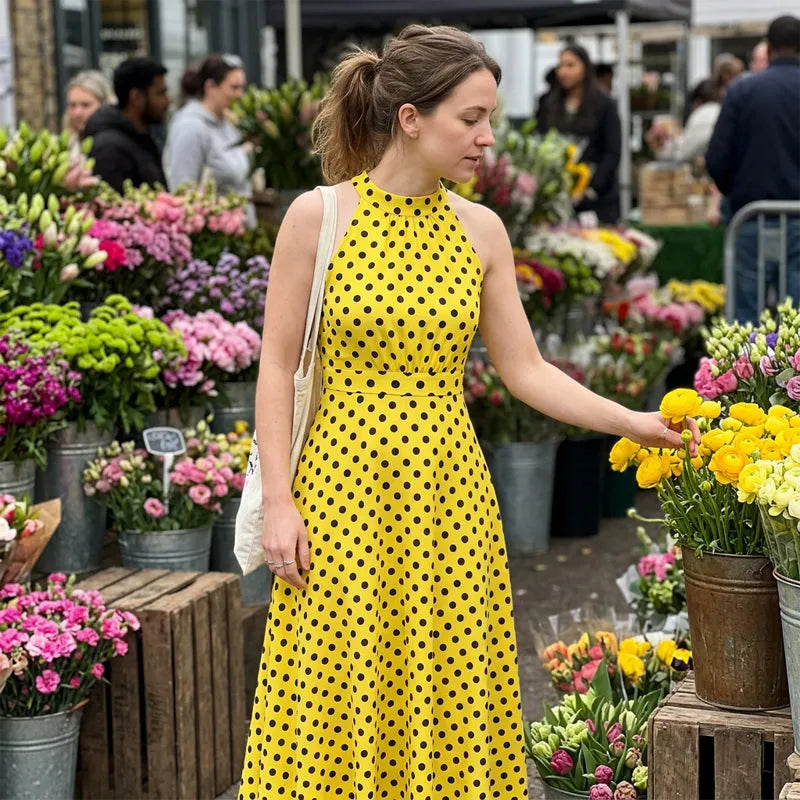 Theodora - Robe maxi femme à pois et col halter