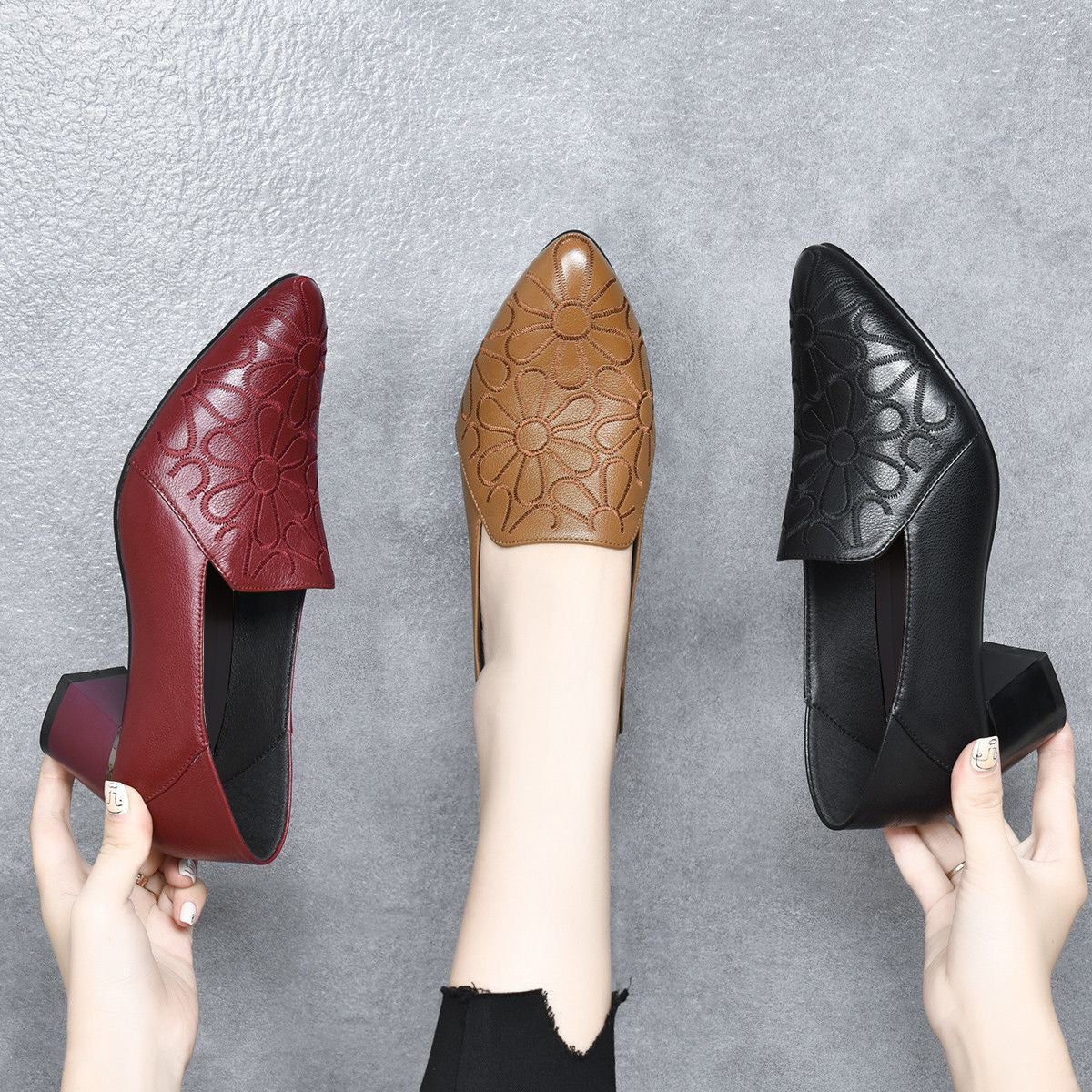Doralyn - Genuine Leather Pumps with Elegant Embroidery 
