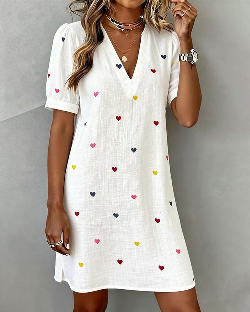 Tivoria - Women's short V-neck dress with heart print, cotton, linen, short sleeves