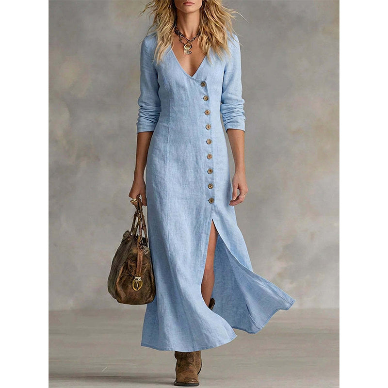 Quinalisse - Elegant Vintage Long Sleeve Midi Shirt Dress