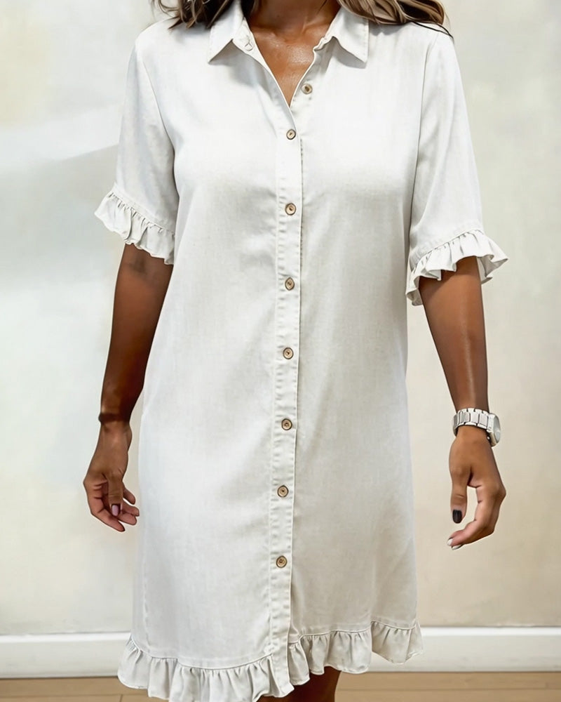 Glytha - Women's Denim Buttoned Dress with Ruffle Sleeves, Straight Casual Cut