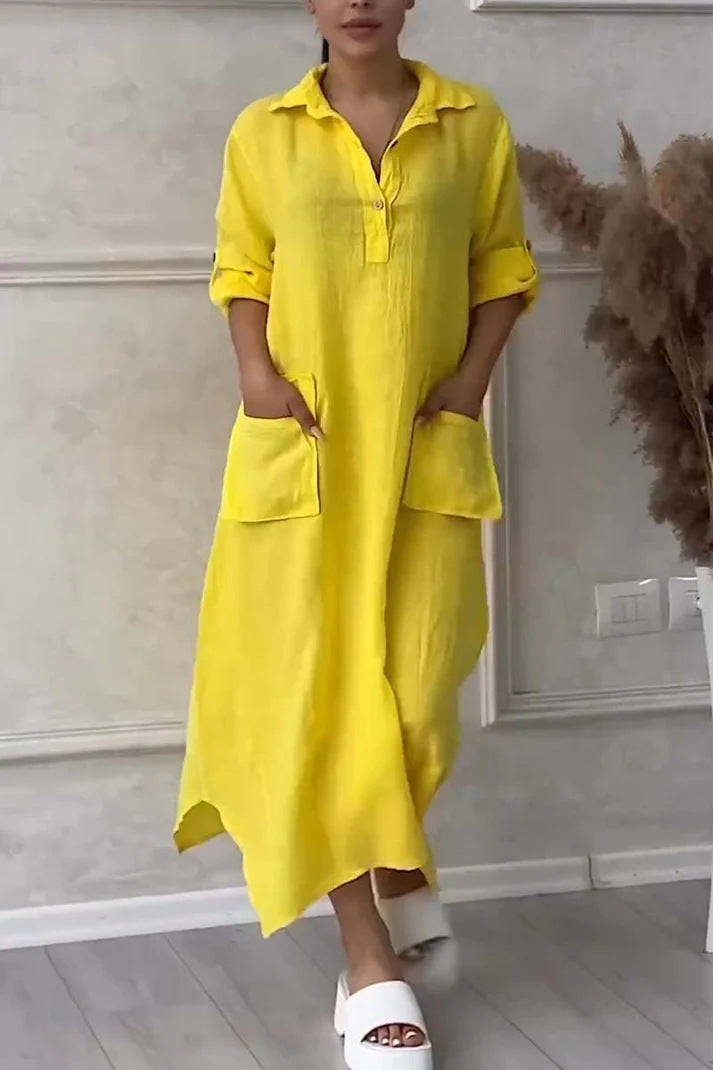 Leontine - Women's maxi dress in linen and cotton with lapels
