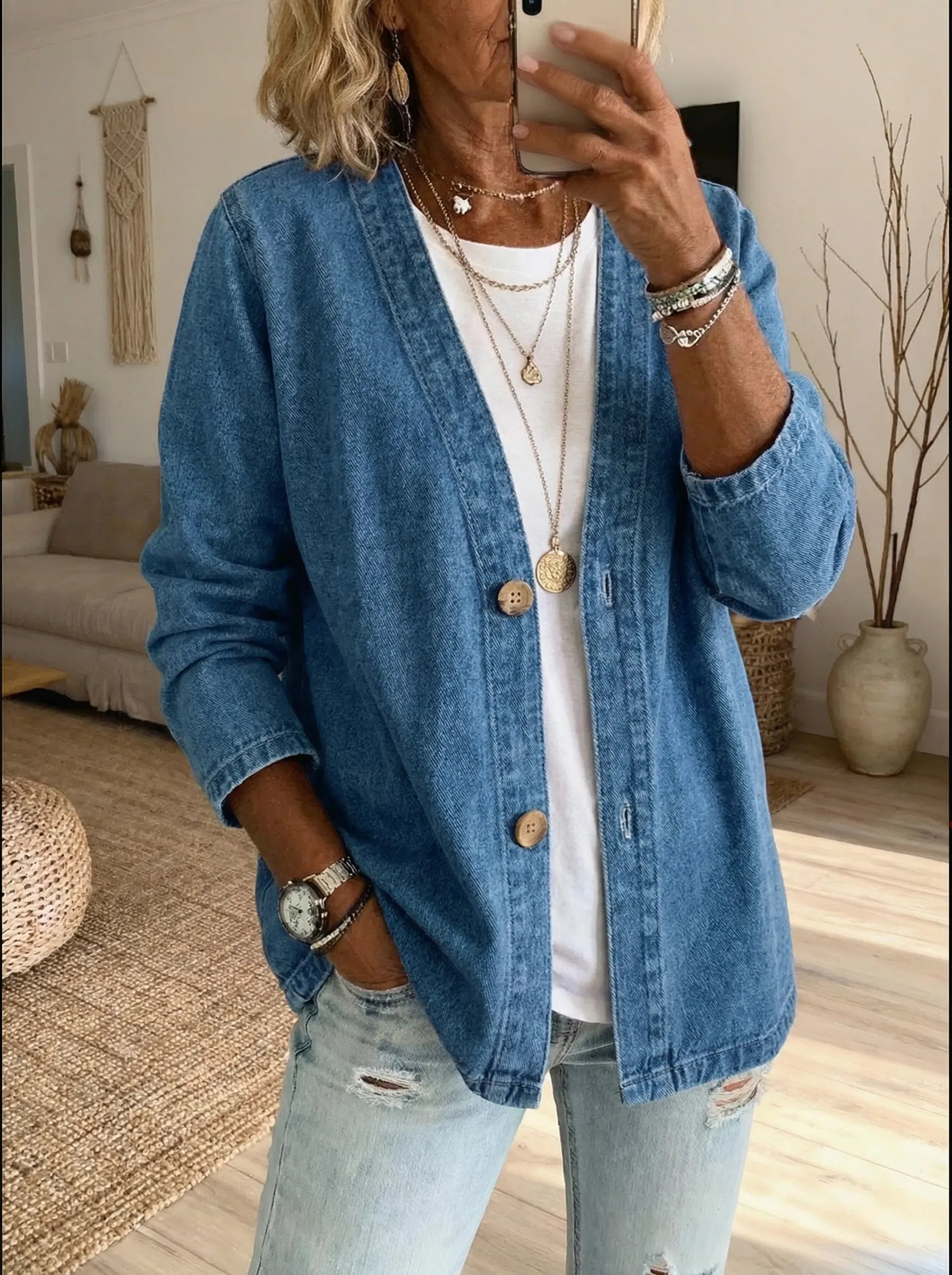 Oryxa - Women's Relaxed Fit Button-Up Denim Jacket Casual Style