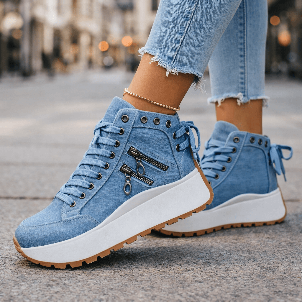 Jasmyra - Women's blue denim platform trainers, modern chunky style