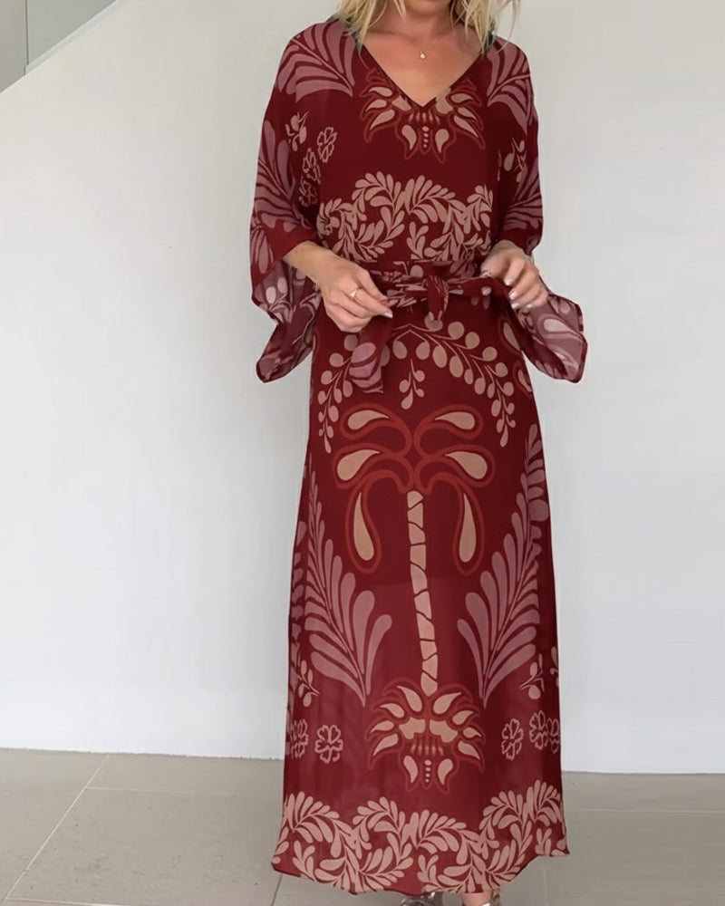 Praxellea - Women's Boho Maxi Dress Loose V-Neck Elegant Leaf Print
