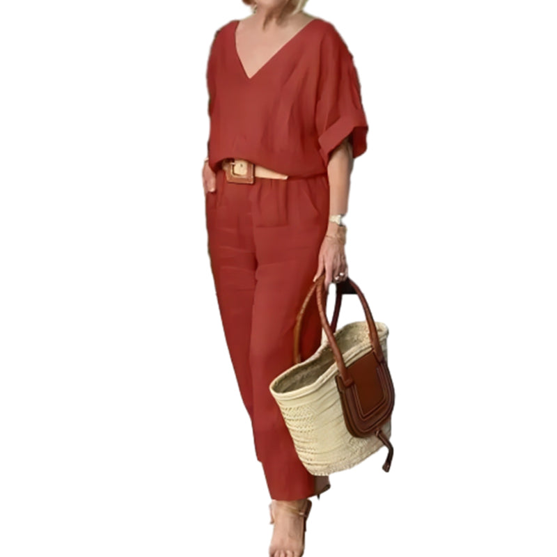 Loxaria - Women's V-neck Top and Pocket Trousers Casual Set