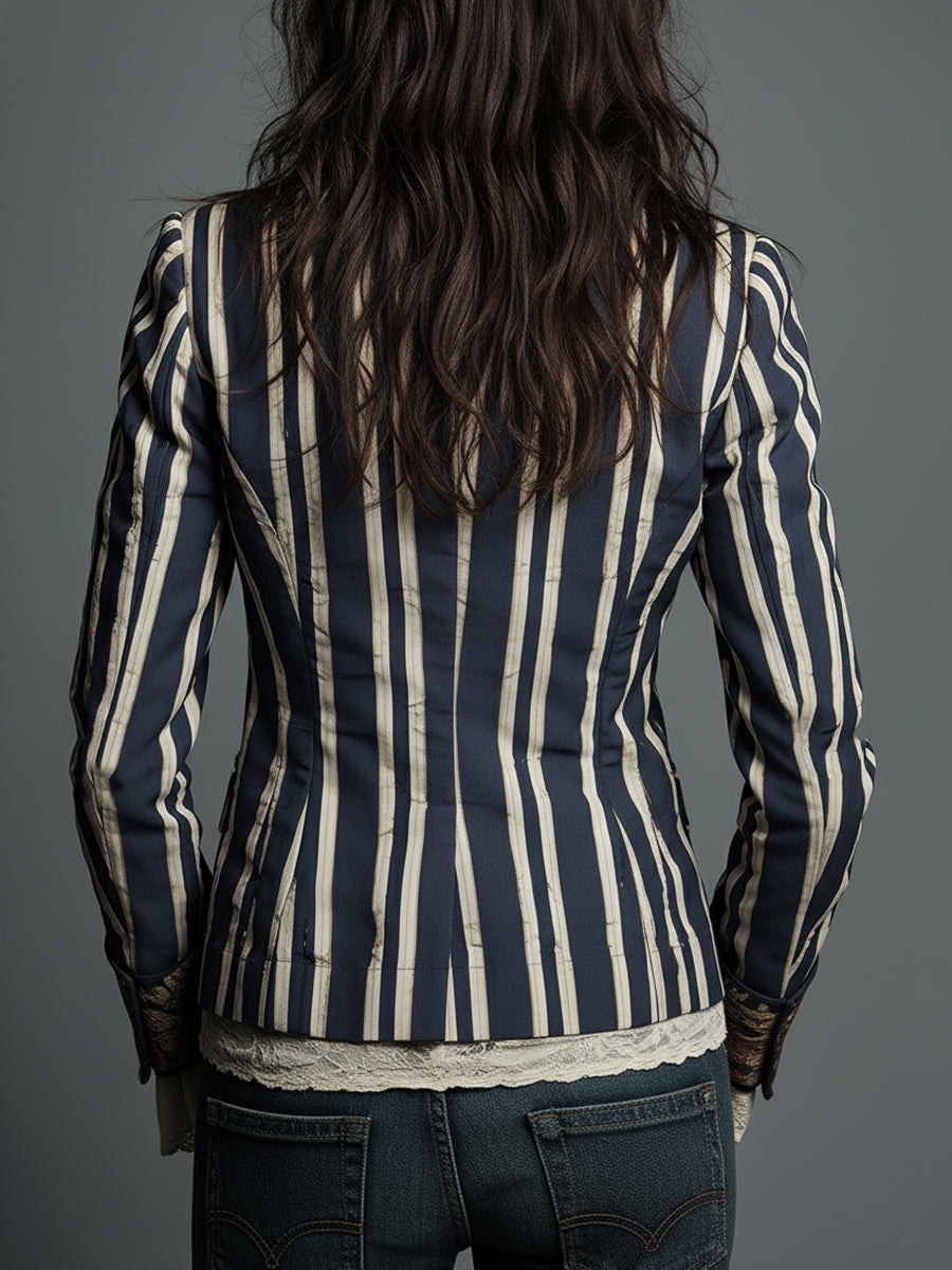 Avenorix - Chic Vintage Floral Print Bohemian Striped Women's Blazer