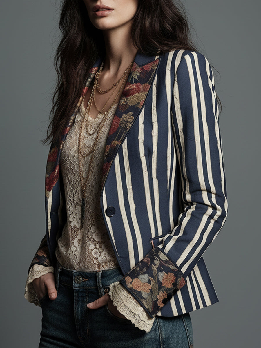 Avenorix - Chic Vintage Floral Print Bohemian Striped Women's Blazer