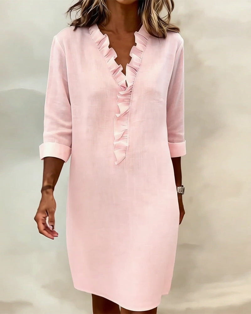 Ophivyn - Women's V-neck ruffle straight cut casual dress