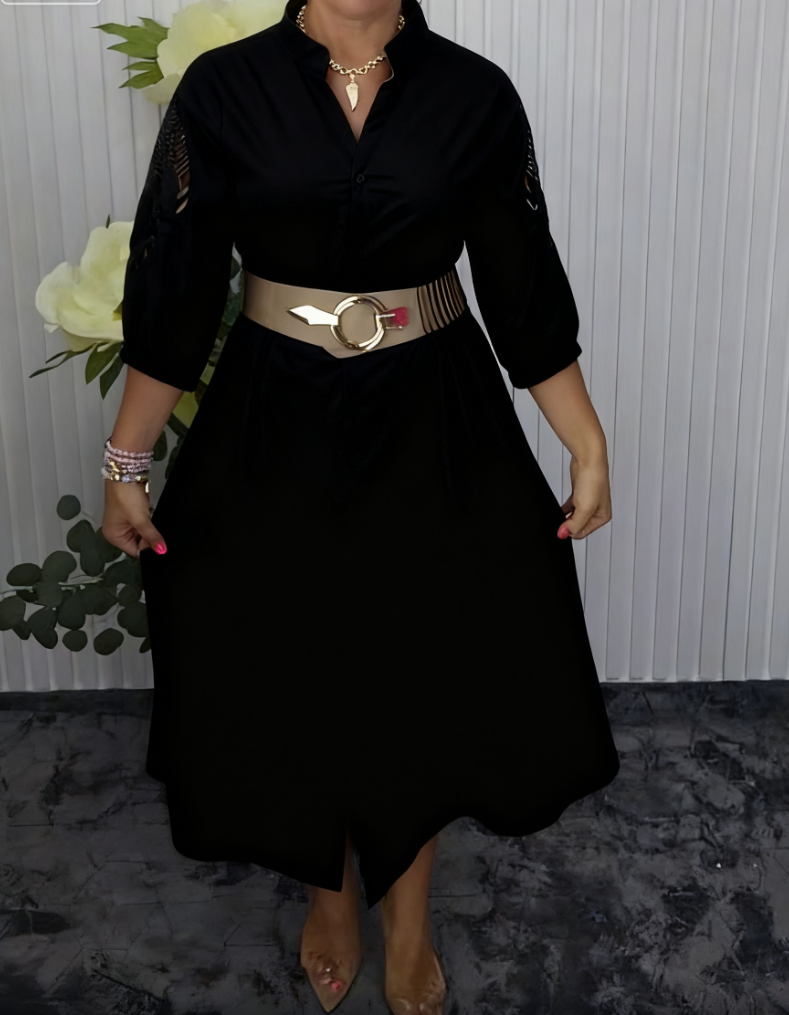 Mavellea - Women's elegant shirt dress with belt, flowing midi cut