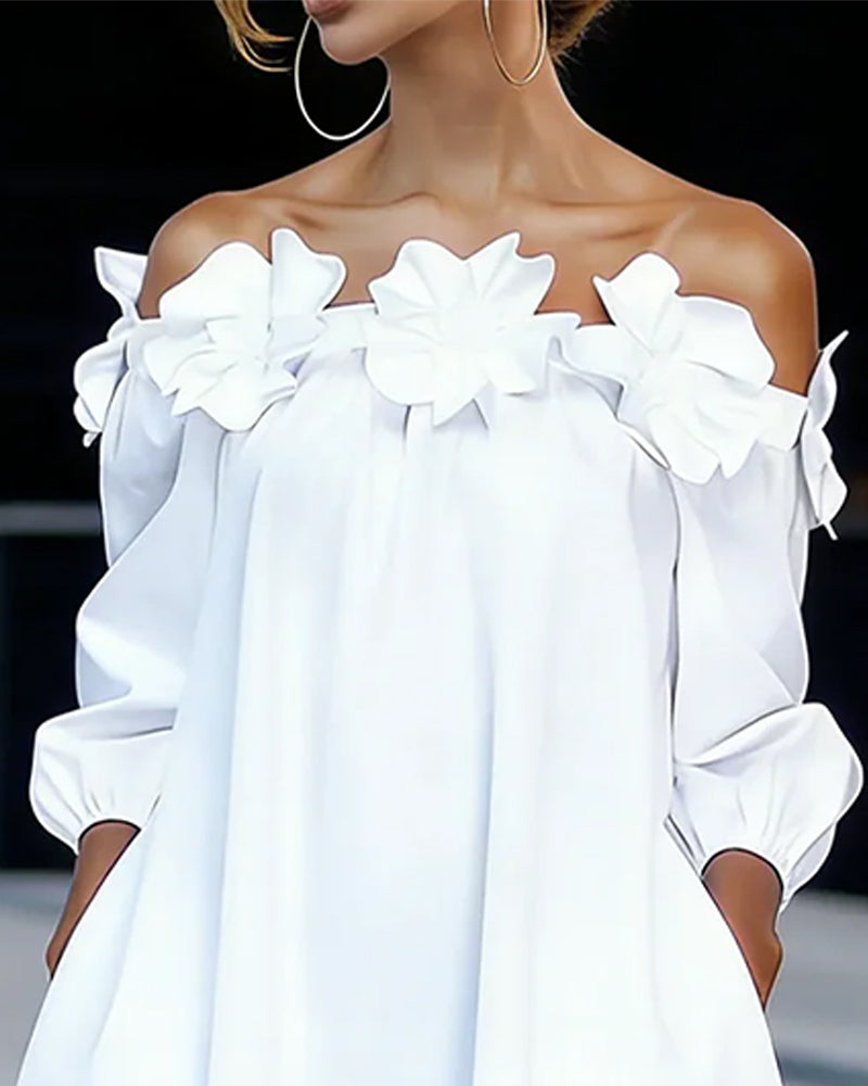 Valentine - Robe femme épaules dénudées blanche à fleurs 3D élégante