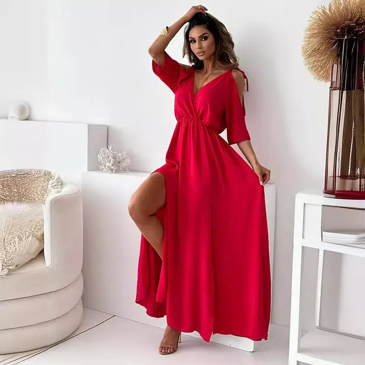 Rovenza - Women's Off-Shoulder Maxi Dress with Elegant Slit