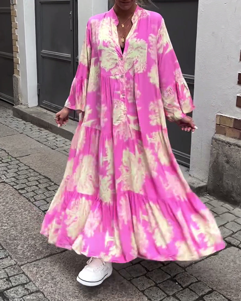 Greta - Loose Patchwork Dress with V-Neck and Printed Bell Sleeves