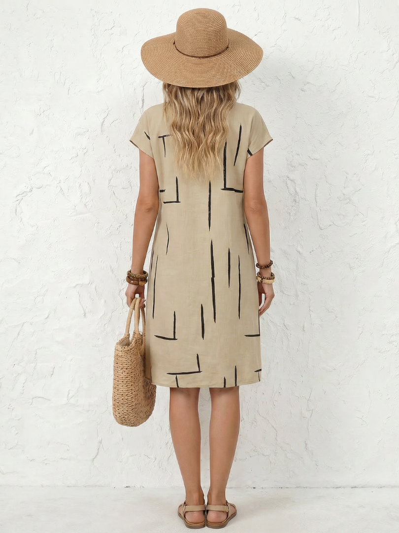 Olivrixa - Women's mid-length abstract print cotton linen casual dress