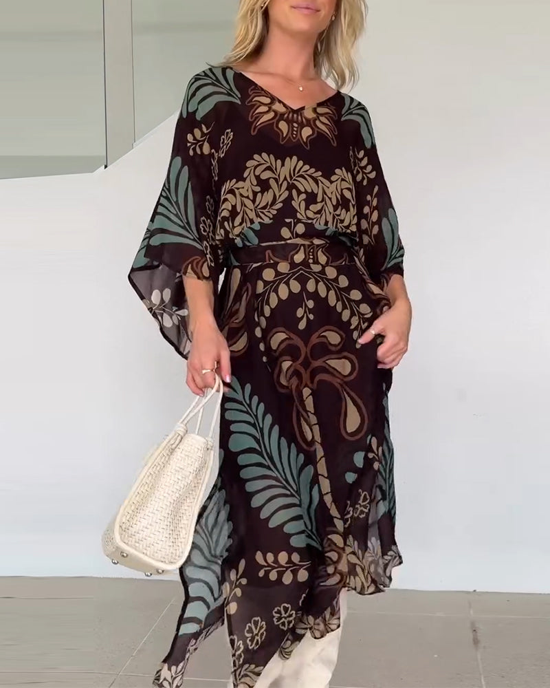 Praxellea - Women's Boho Maxi Dress Loose V-Neck Elegant Leaf Print