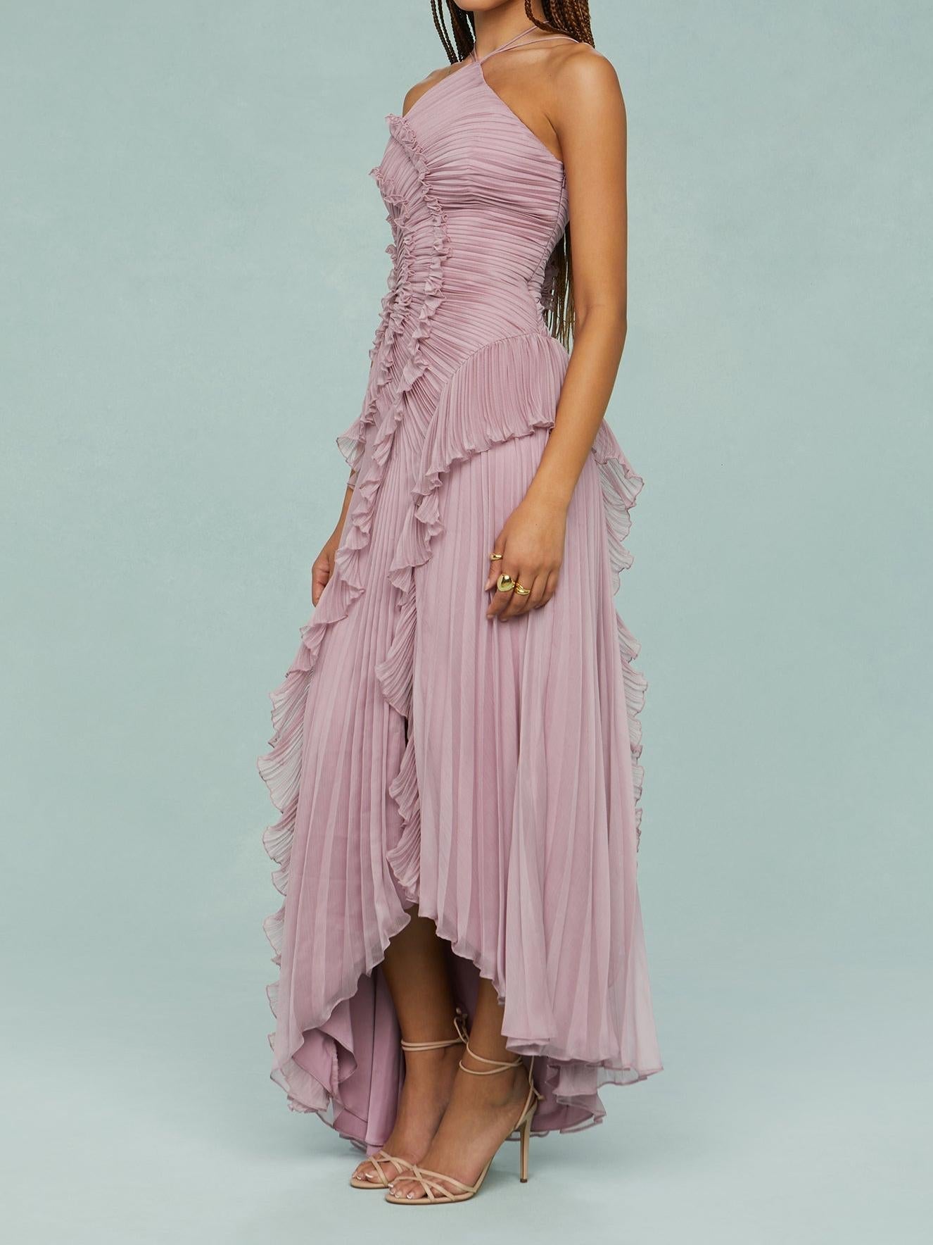 Bravielle - Women's long pleated dress with elegant asymmetric ruffles