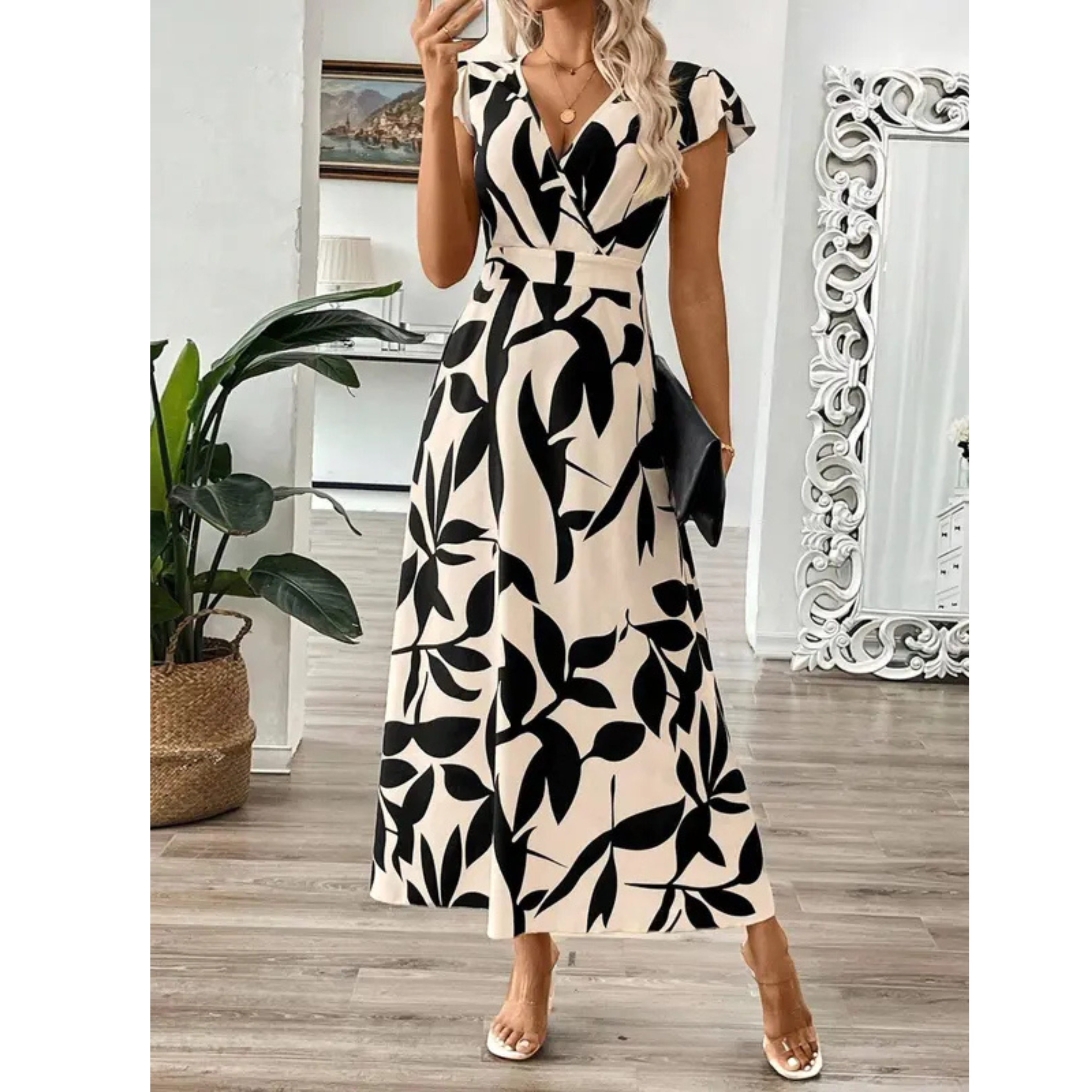 Korevyn - Women's Elegant Flowy Black and Beige Floral Print Maxi Dress