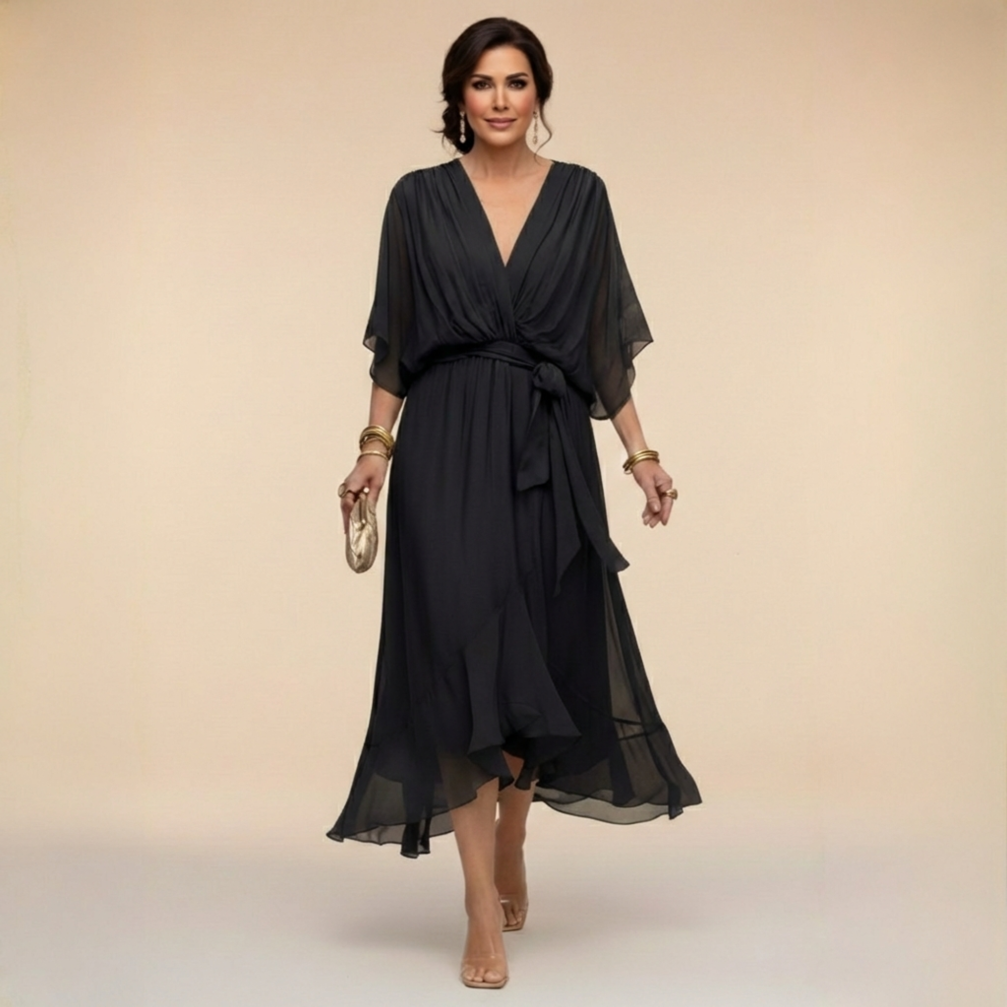 Lazira - Women's flowing midi dress with V-neck, wide sleeves, and elegant belt