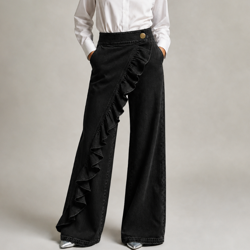 Izzavelle - Women's Wide-Leg Ruffled Denim Culottes in an Elegant Skirt-Pant Style