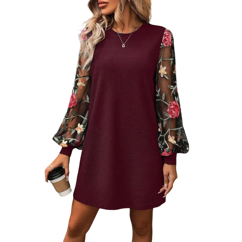 Quelythra - Elegant Women's Sweater Dress with Embroidered Floral Sleeves