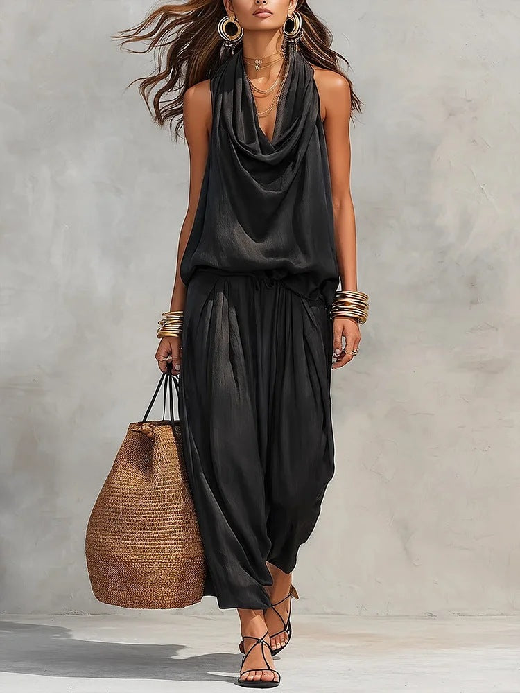 Qyraxa - Elegant two-piece flowing polyester women's set for summer evenings