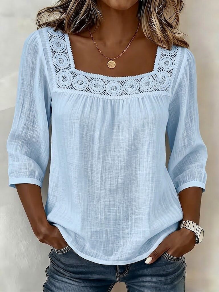 Myzaria - Women's blouse with elegant lace square neckline
