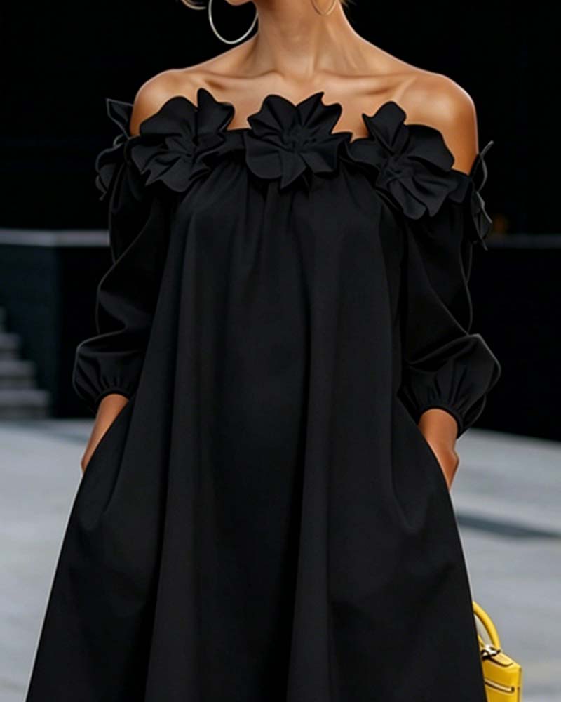 Valentine - Robe femme épaules dénudées blanche à fleurs 3D élégante