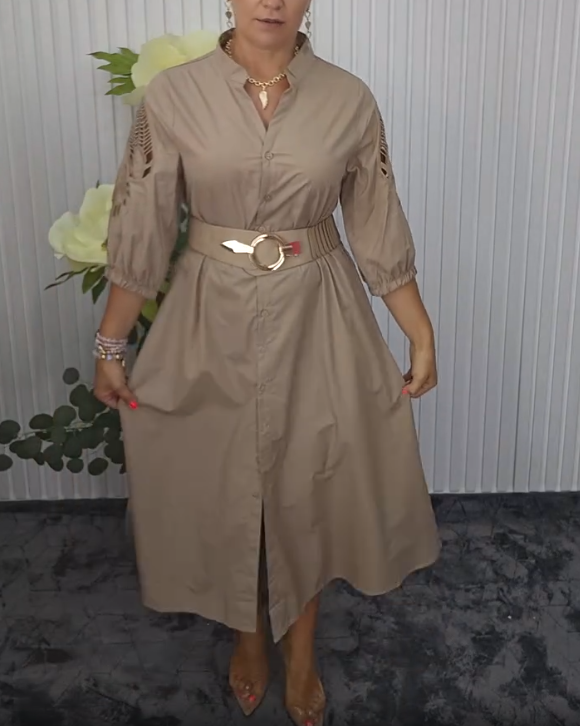 Mavellea - Women's elegant shirt dress with belt, flowing midi cut