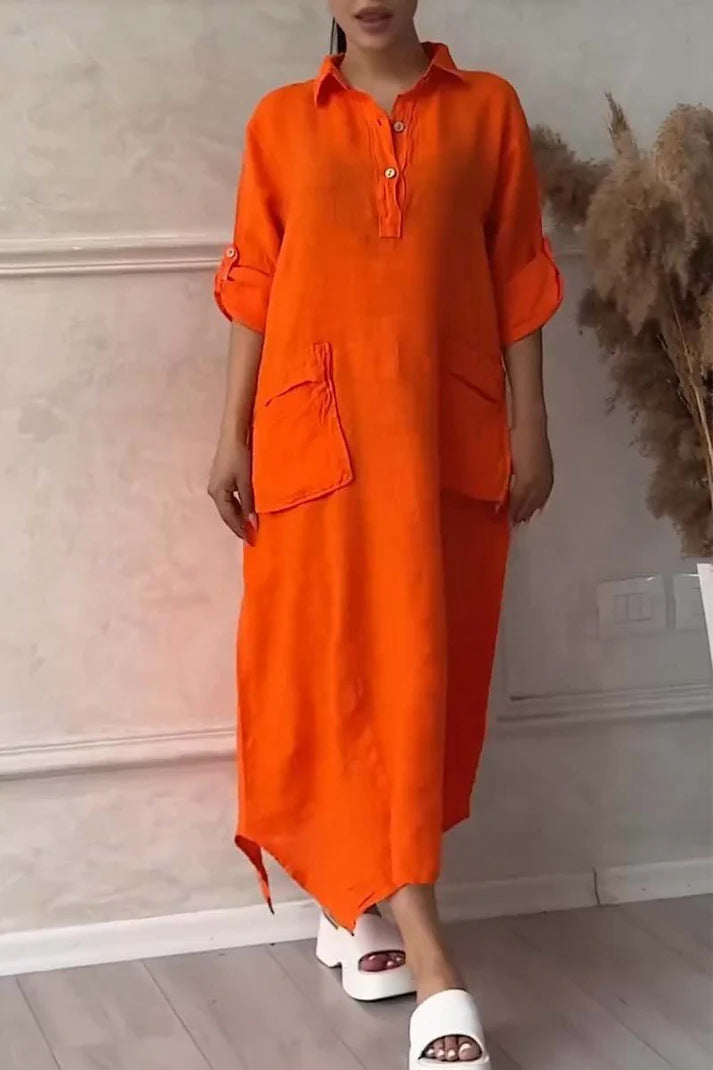 Leontine - Women's maxi dress in linen and cotton with lapels