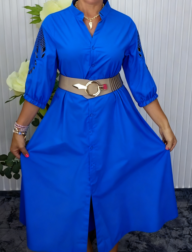 Mavellea - Women's elegant shirt dress with belt, flowing midi cut