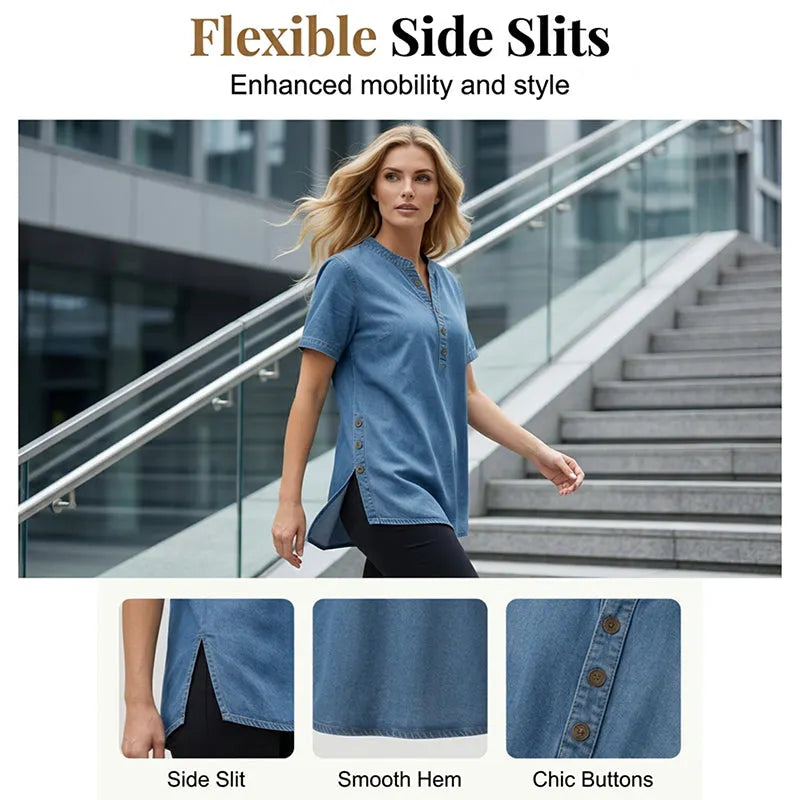 Kynessa - Women's Lightweight Denim Tunic with Short Sleeves and V-Neck