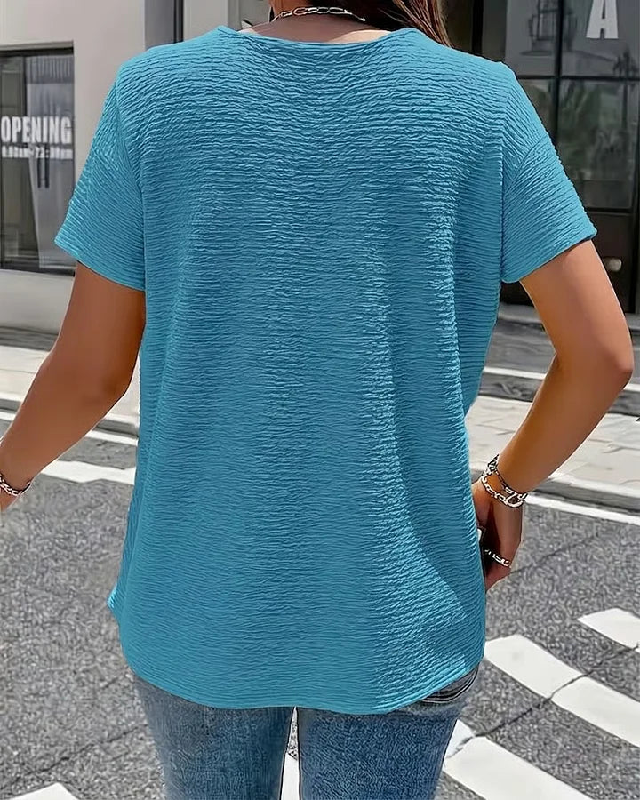 Syzelle - Women's textured round neck short sleeve t-shirt with decorative buttons, elegant