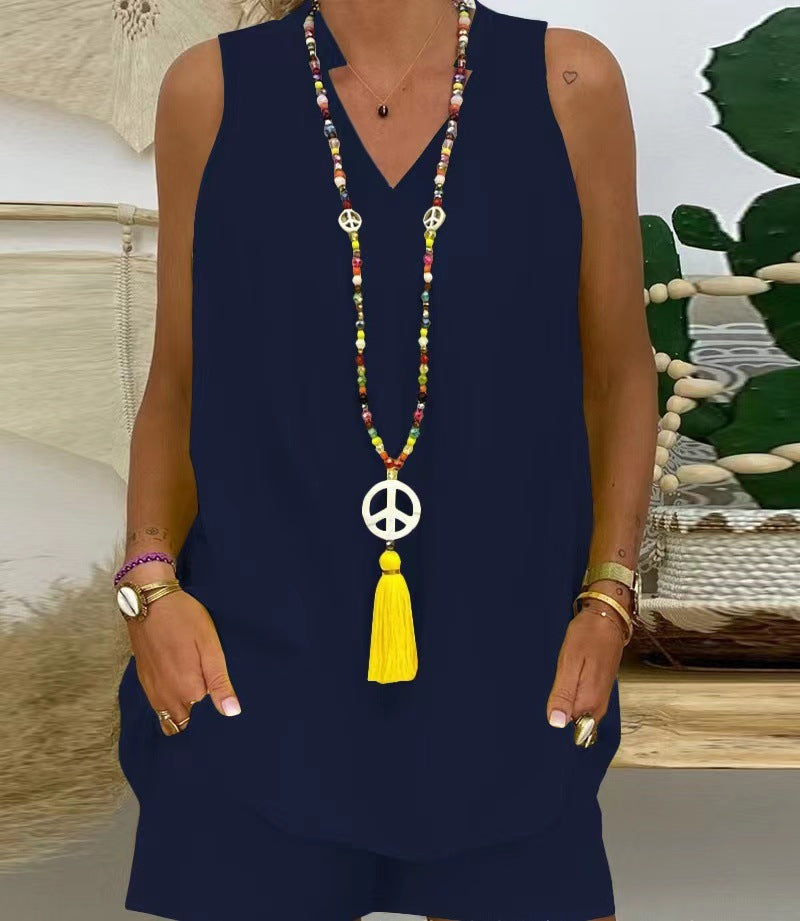 Thessaly - Women's Casual Sleeveless Stand-Up Collar Set for Elegant Summer Style