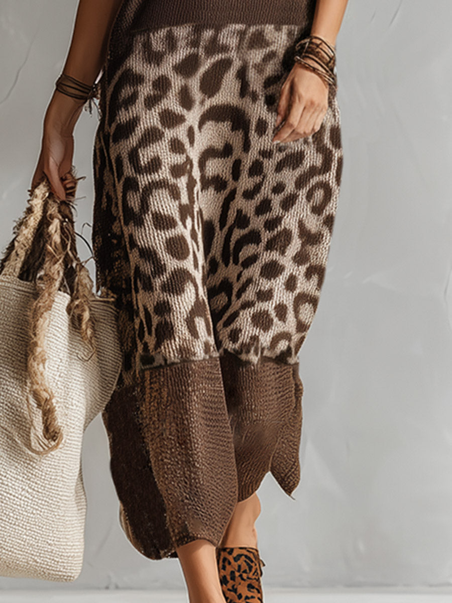 Quorinae - Women's long sleeveless leopard print knit dress