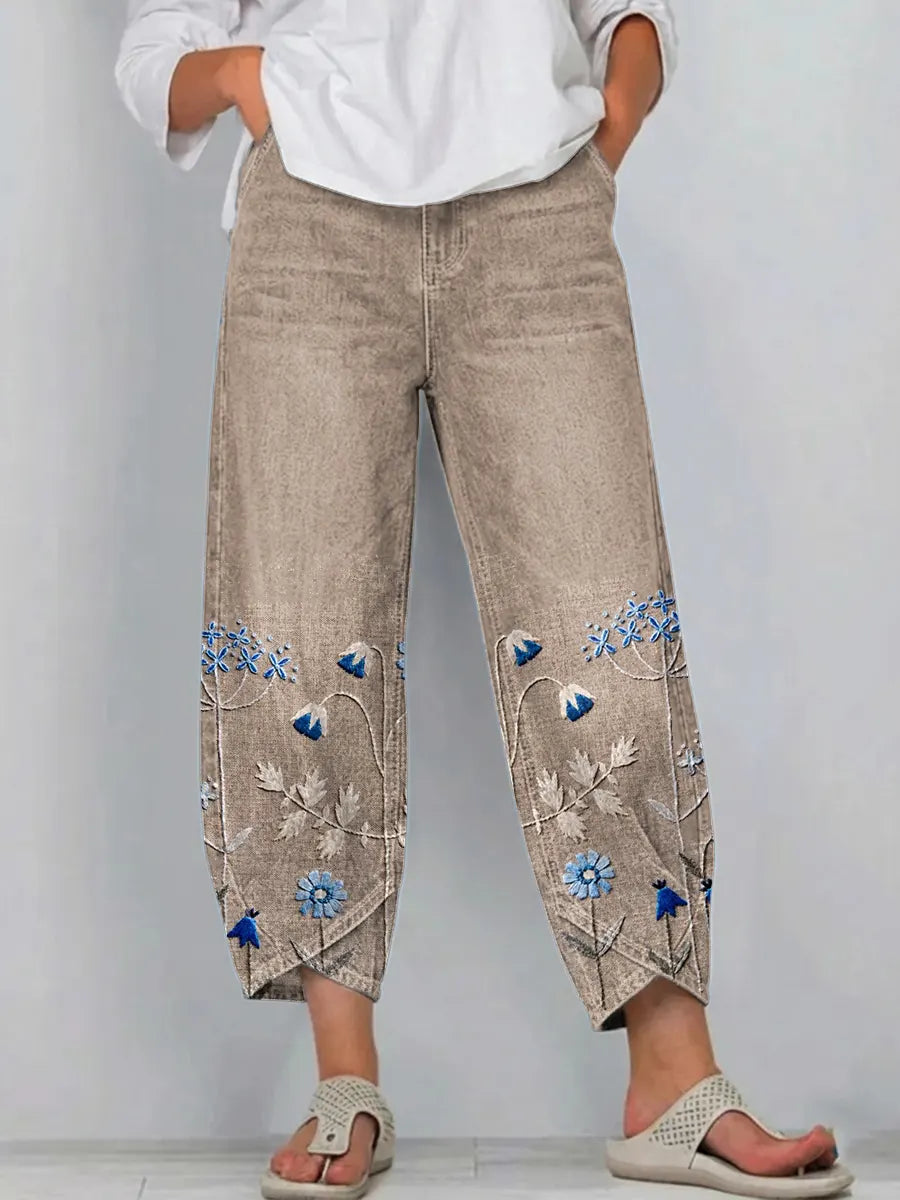 Fiorixa - Women's straight-cut casual denim pants with floral embroidery