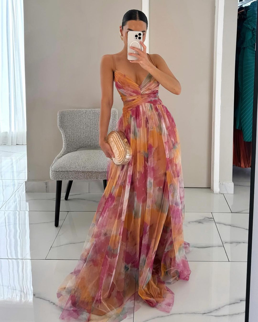 Helena - Women's Flowy Maxi Dress V-Neck Thin Straps Floral Elegance
