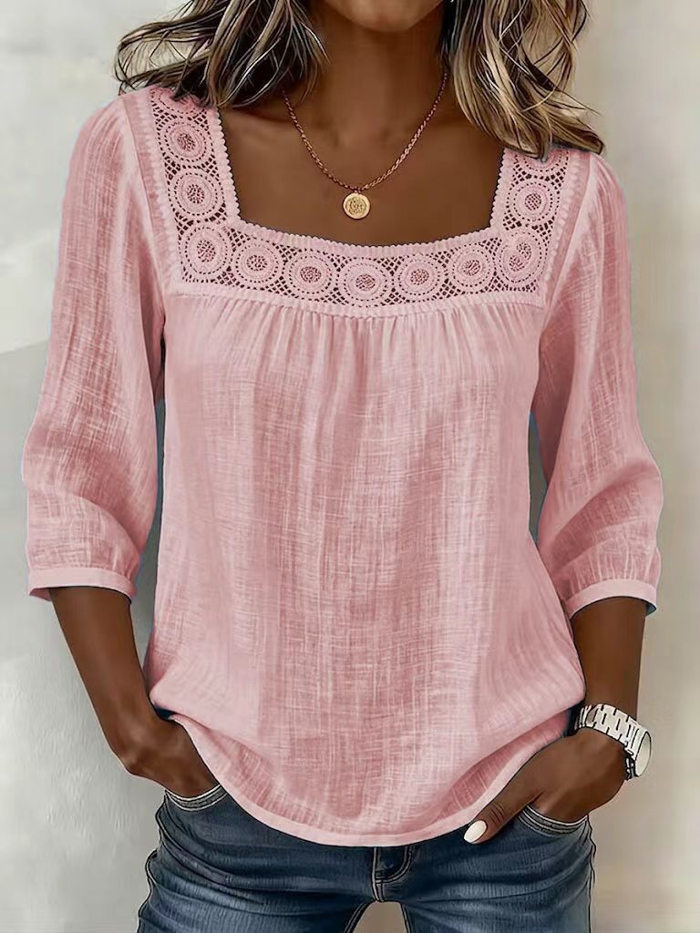 Myzaria - Women's blouse with elegant lace square neckline