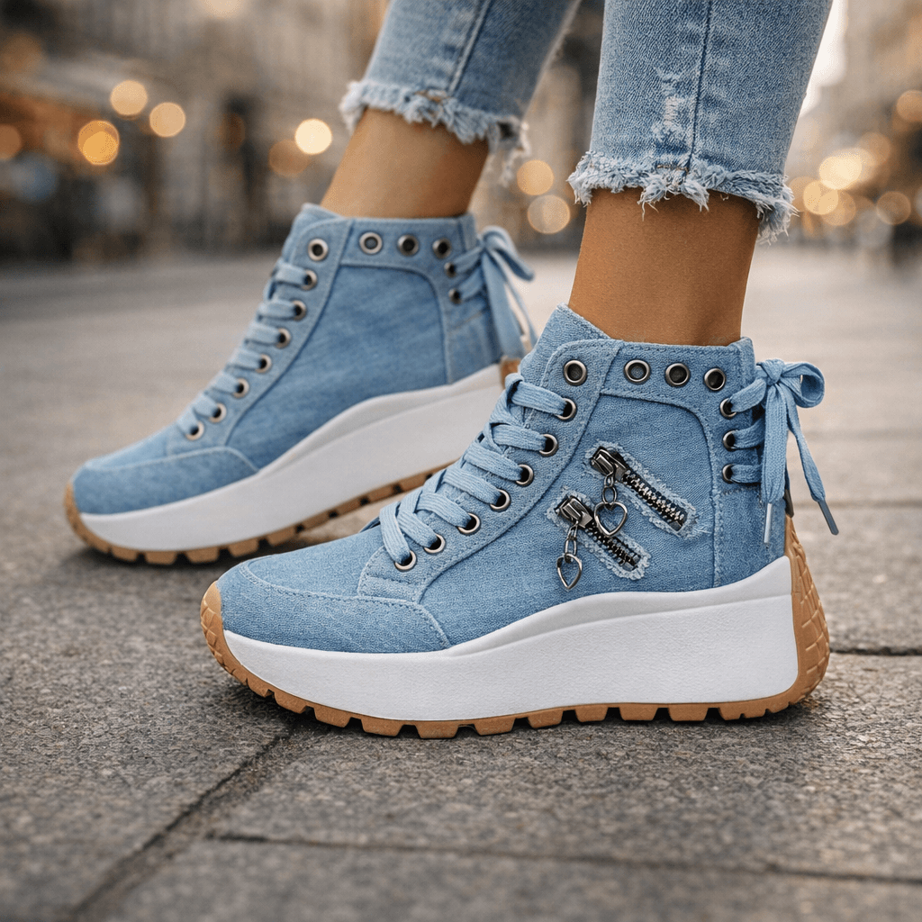 Jasmyra - Women's blue denim platform trainers, modern chunky style