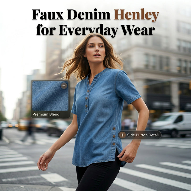 Kynessa - Women's Lightweight Denim Tunic with Short Sleeves and V-Neck