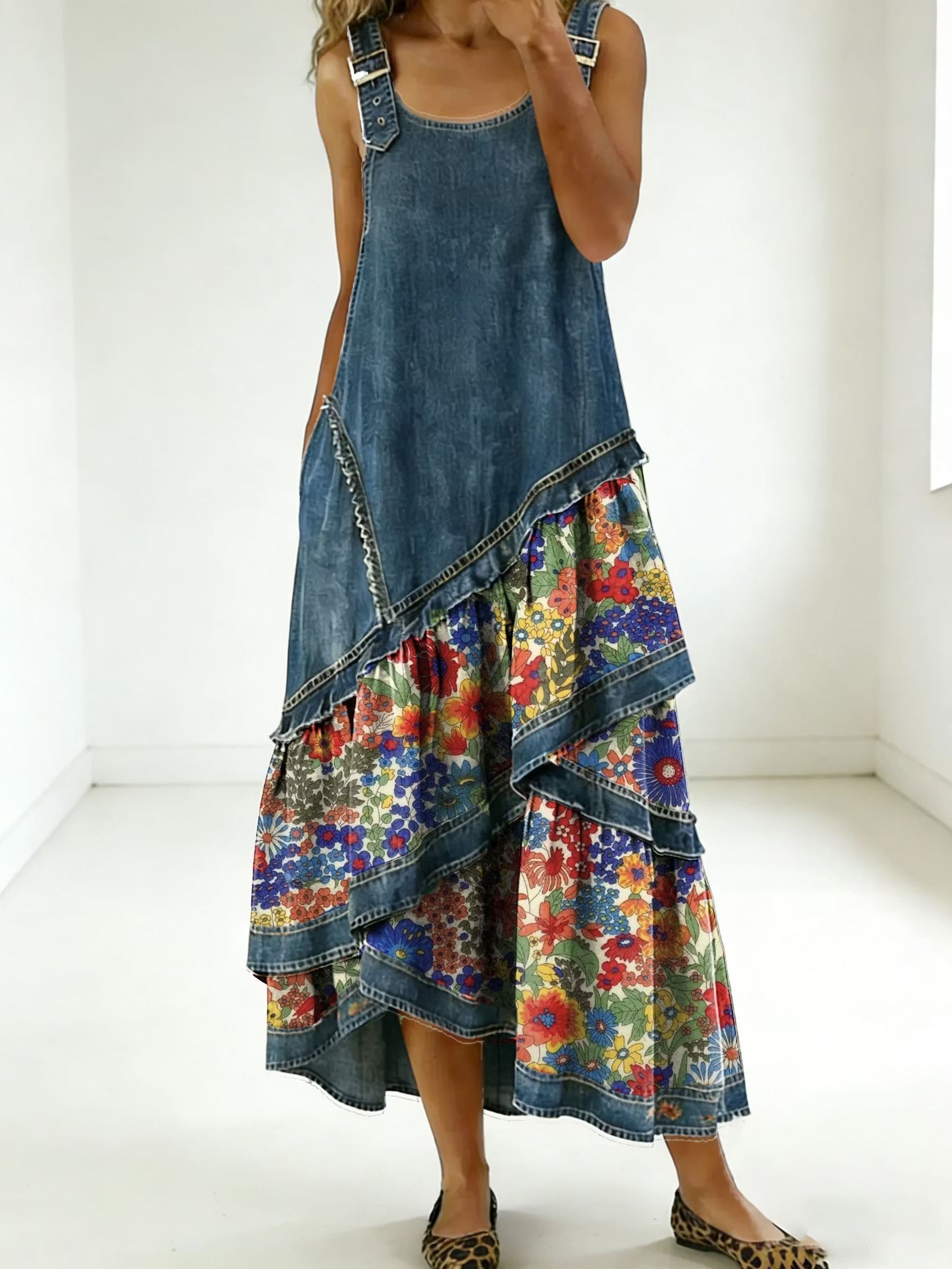 Rovessira - Women's Bohemian Patchwork Denim and Floral Print Maxi Dress