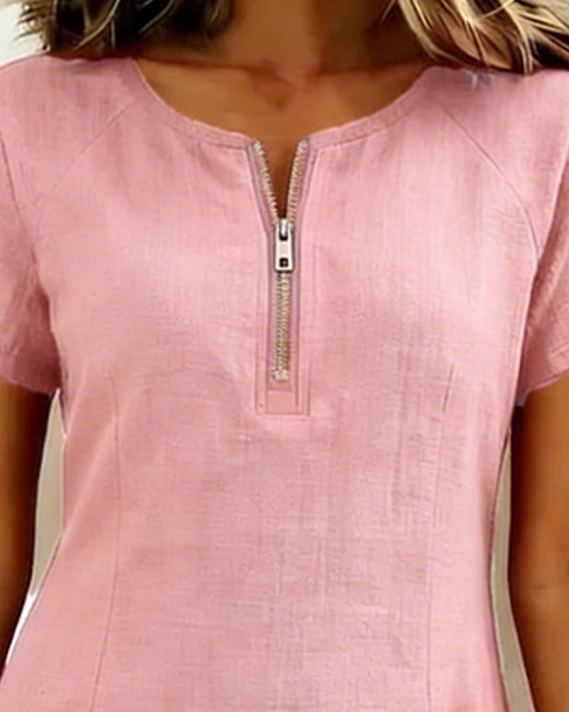 Kovira - Cotton Linen Short Dress with Zipper and Pockets