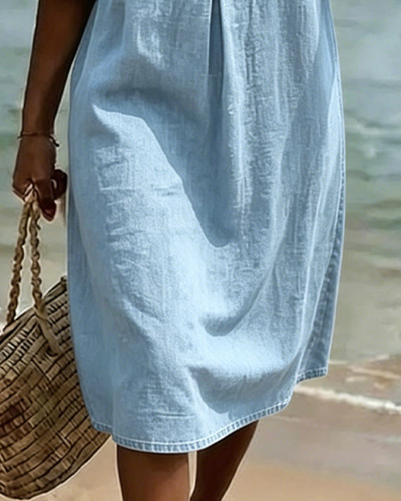 Fynorae - Women's denim dress with ruffled sleeves, flowy cut, for summer beach