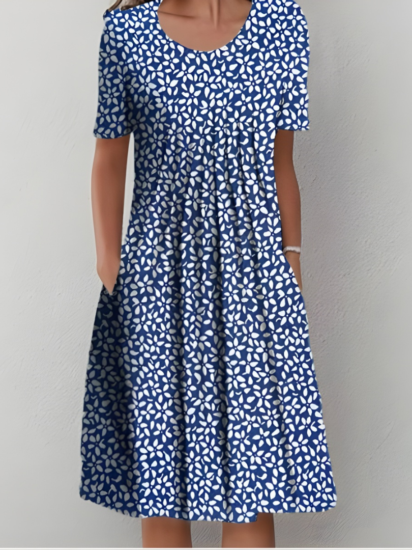 Aurexia - Women's Floral Pleated Short Sleeve Flowy Elegant Dress