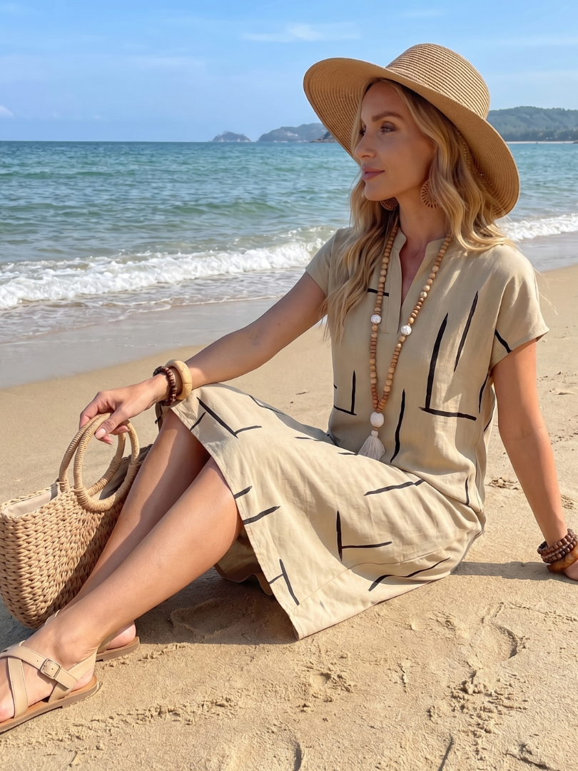 Olivrixa - Women's mid-length abstract print cotton linen casual dress