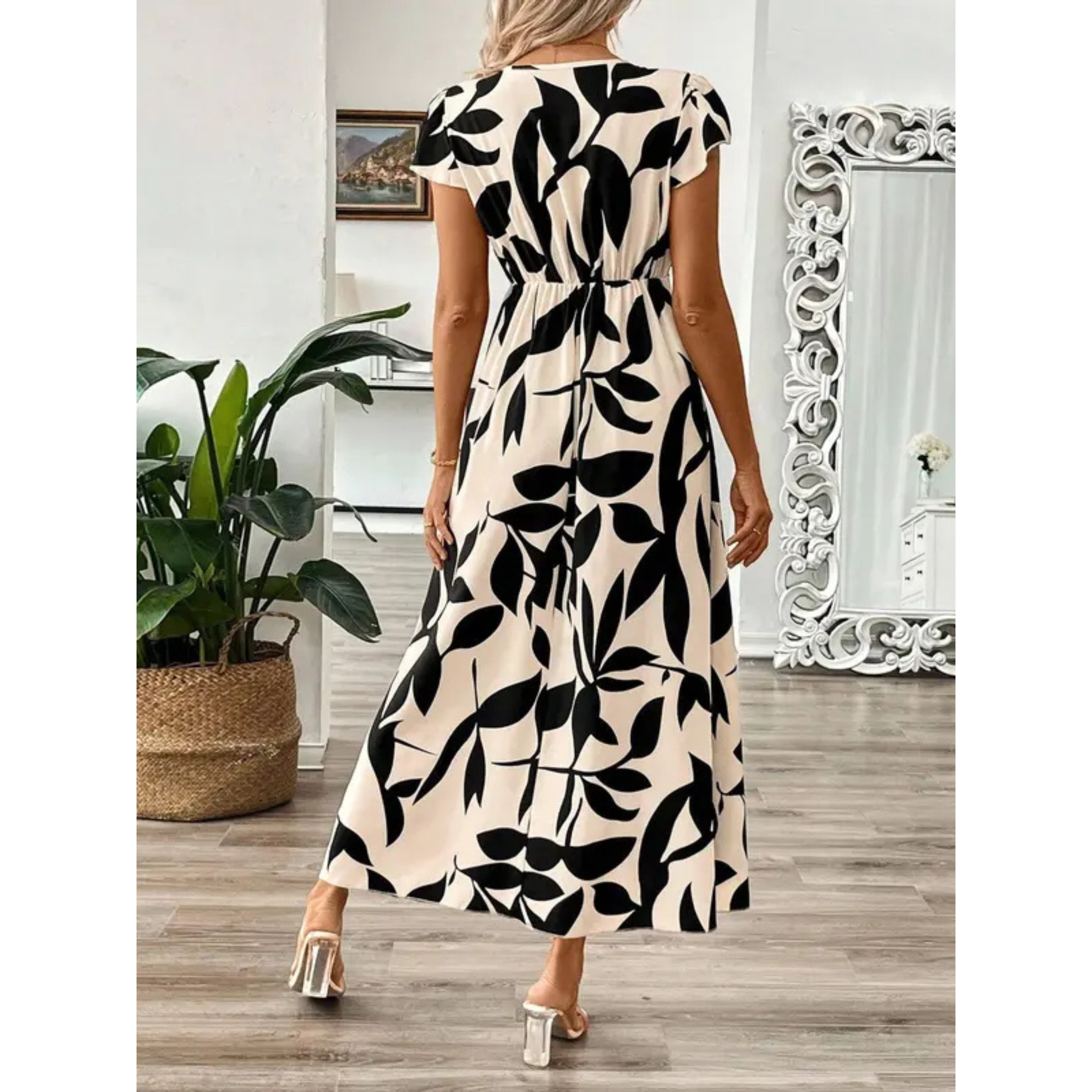 Korevyn - Women's Elegant Flowy Black and Beige Floral Print Maxi Dress