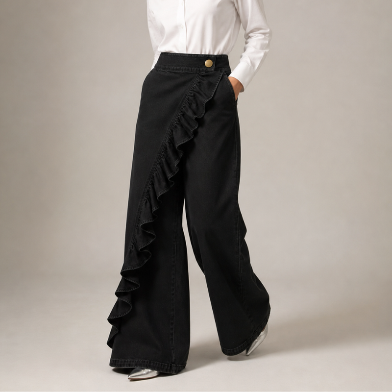Izzavelle - Women's Wide-Leg Ruffled Denim Culottes in an Elegant Skirt-Pant Style
