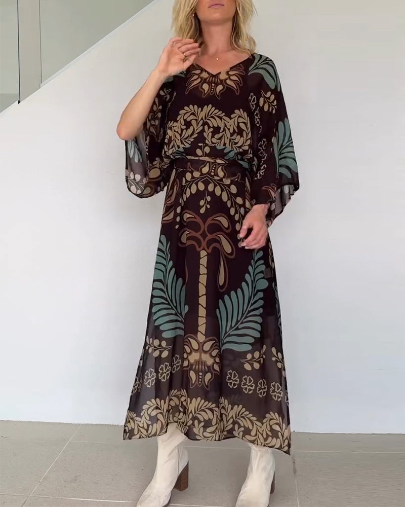 Praxellea - Women's Boho Maxi Dress Loose V-Neck Elegant Leaf Print