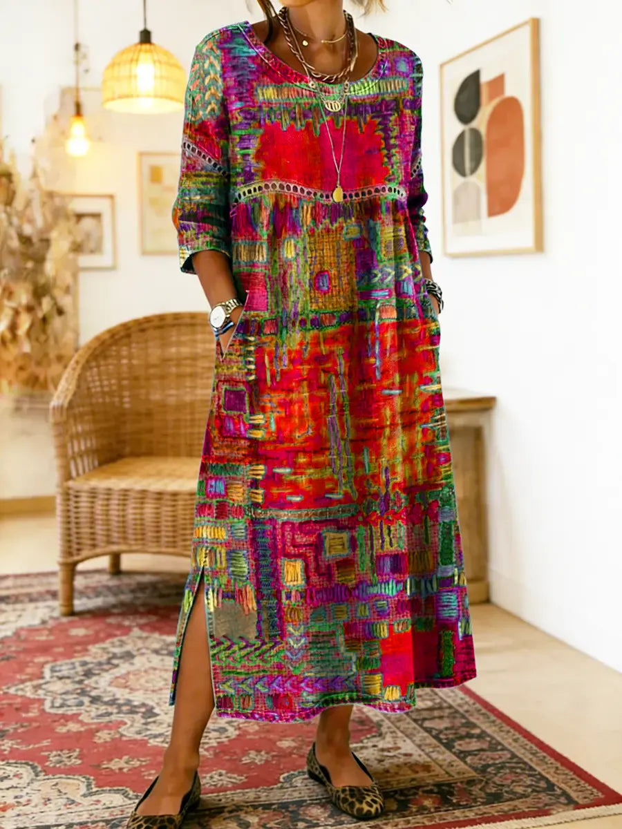 Lunethra - Women's Ethnic Patchwork Denim Dress